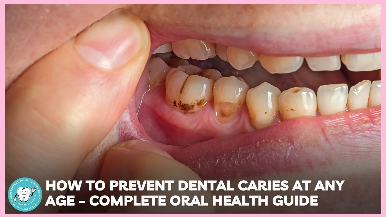 Illustration of dental care showing brushing, flossing, fluoride, and healthy habits to prevent dental caries at any age.