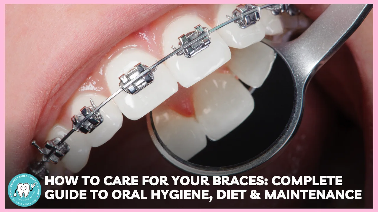 A teenager brushing teeth with braces using an orthodontic toothbrush and interdental brush.