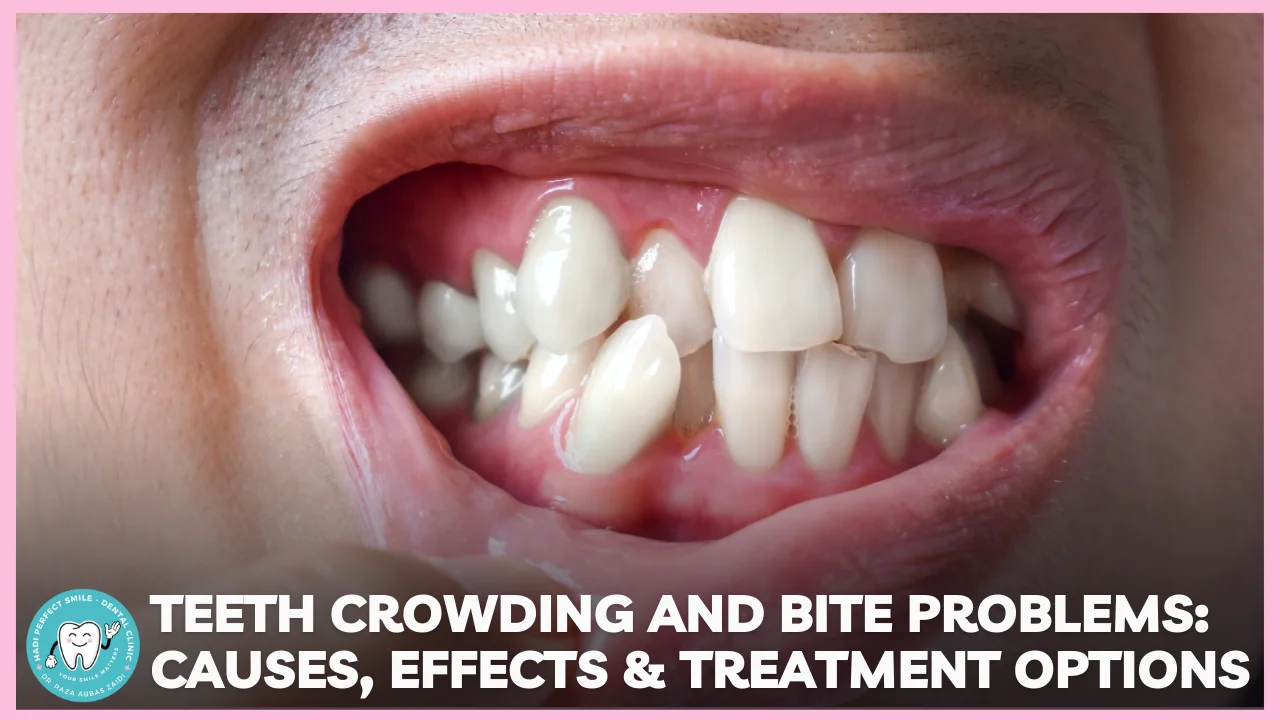 Illustration showing crowded teeth and different types of bite problems affecting oral health.