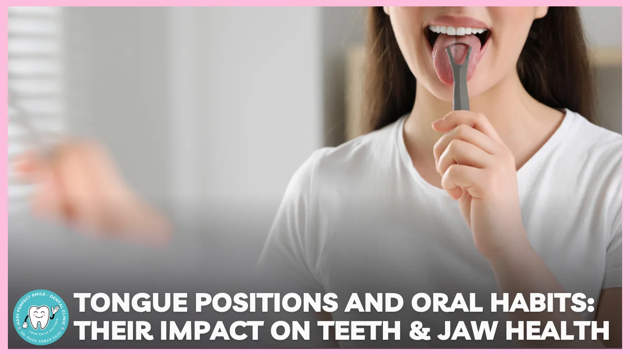 Illustration showing correct and incorrect tongue positions and common oral habits affecting teeth alignment.