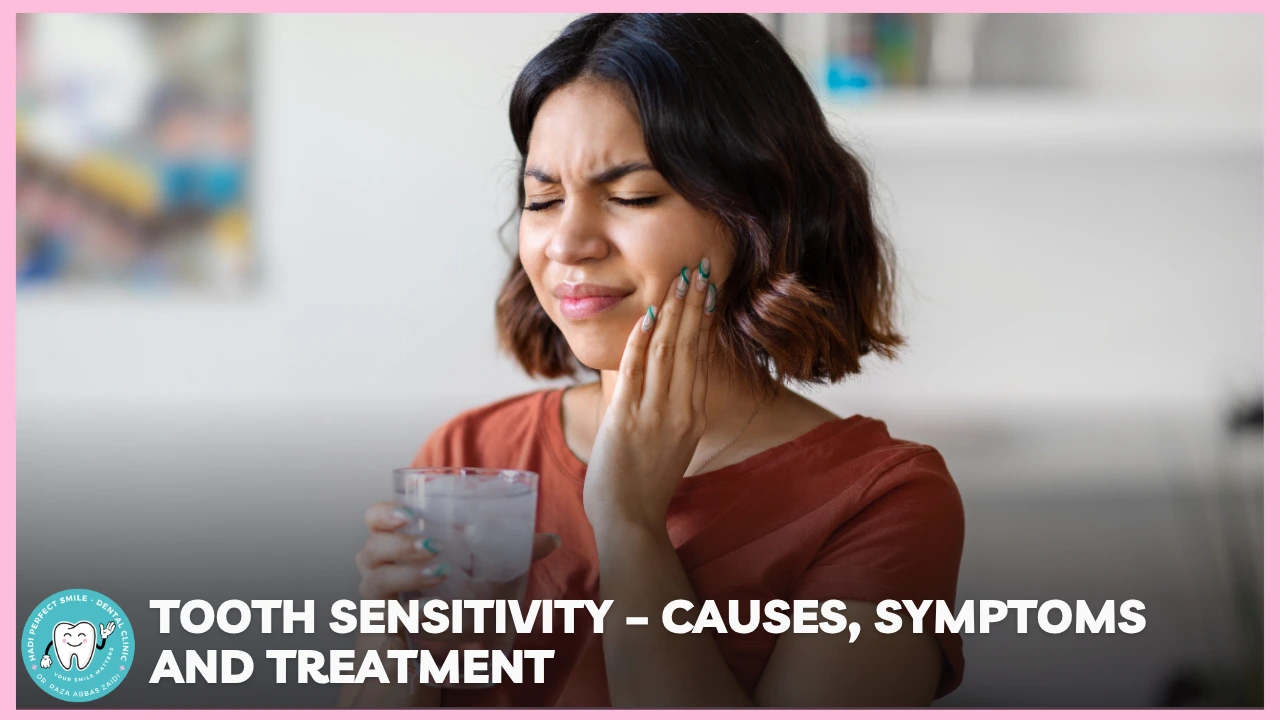 Illustration of a person experiencing tooth sensitivity after drinking a cold beverage, showing exposed dentin and nerve pathways.