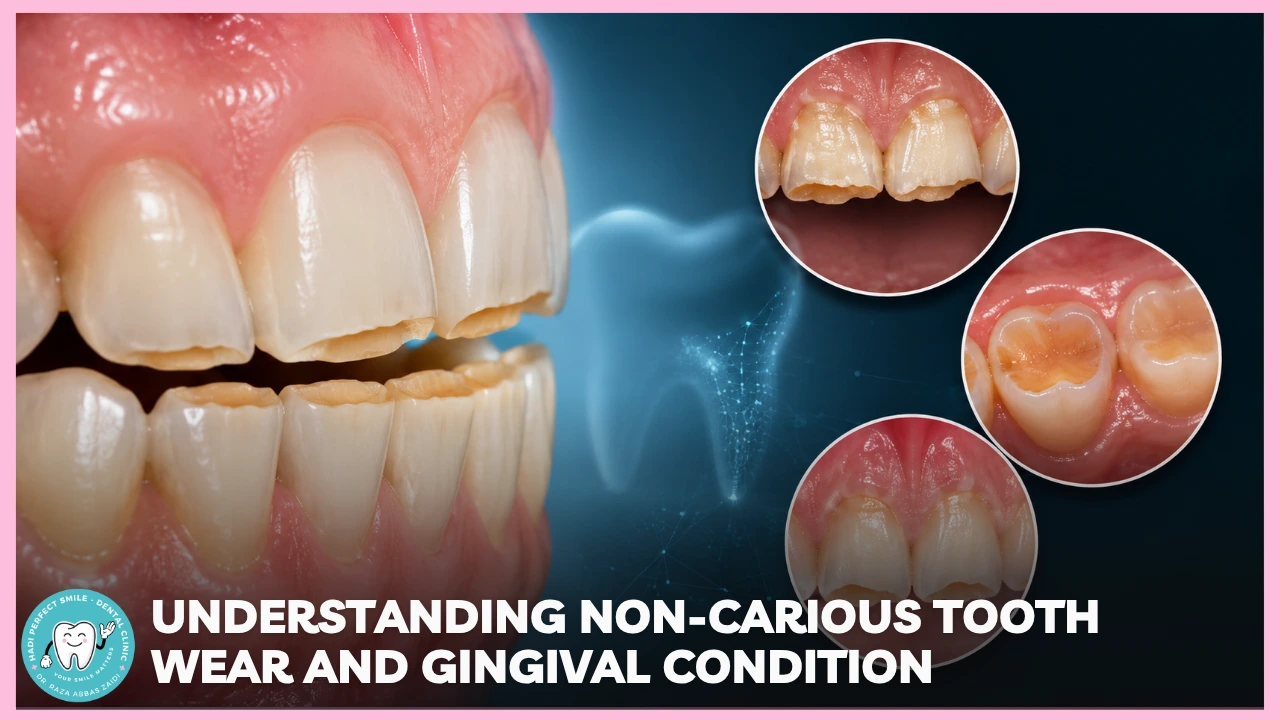 Dental illustration showing non-carious tooth wear, gum recession, and healthy versus unhealthy gingival tissue.
