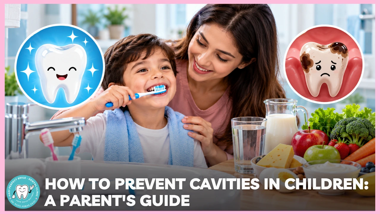 Parent helping a child brush their teeth with fluoride toothpaste to prevent cavities and maintain healthy teeth.