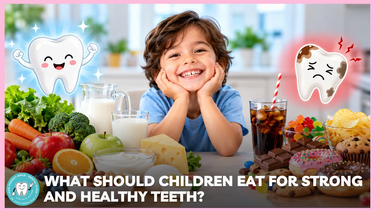 Healthy foods for children's teeth, including milk, cheese, yogurt, fruits, vegetables, and eggs, arranged beside a smiling child.